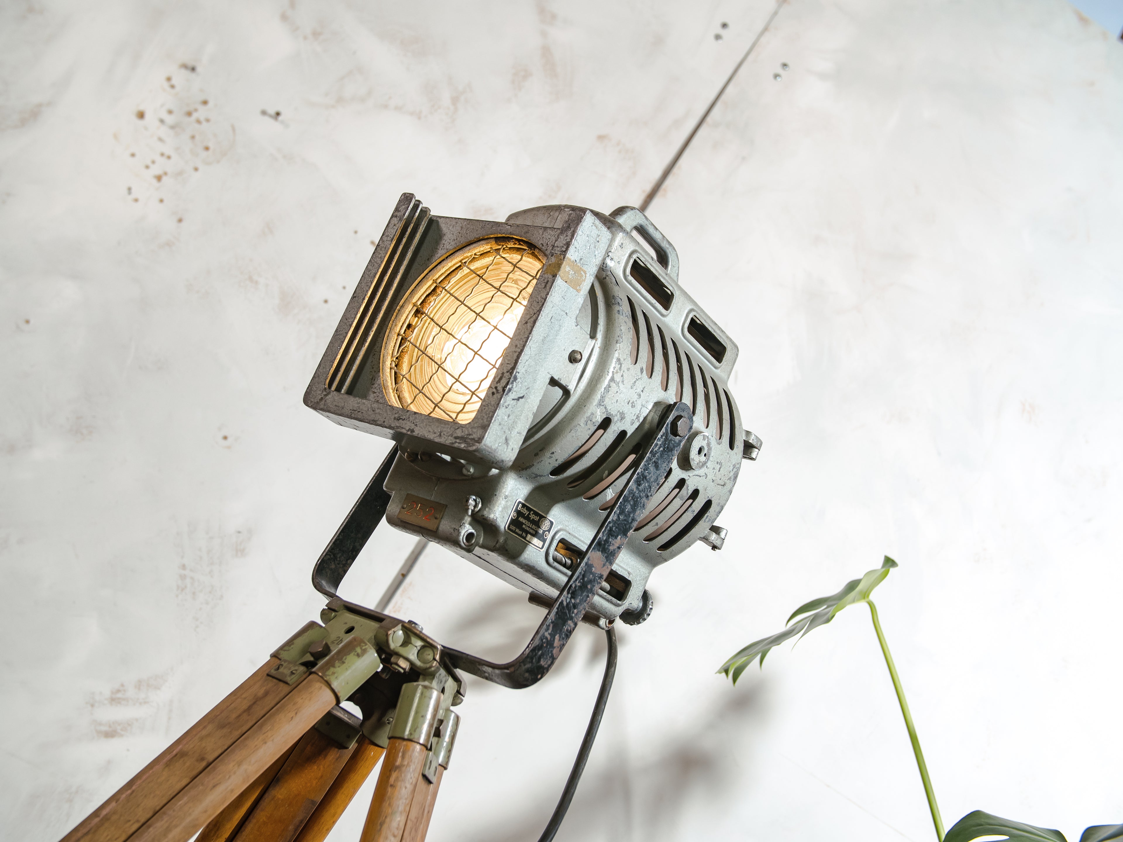 1950s Film Spotlight by ARRI, Arnold & Richter with Barndoors, Vintage Video lighting on Surveying Tripod, Patina Floor lamp