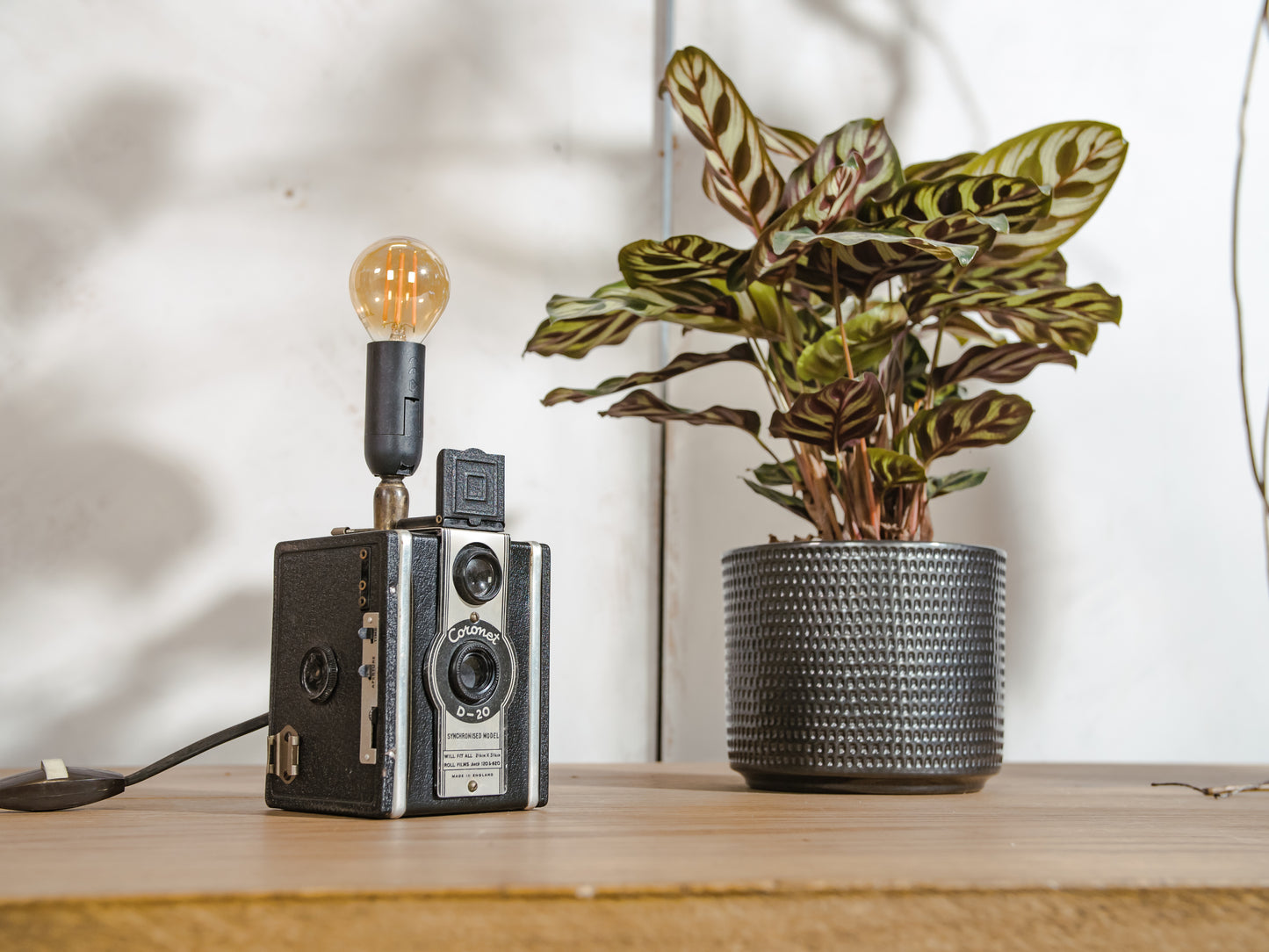 Antique 1950s Box Camera Table lamp, Coronet D-20 Upcycled into cute light, Retro bedside lamp for Photographers