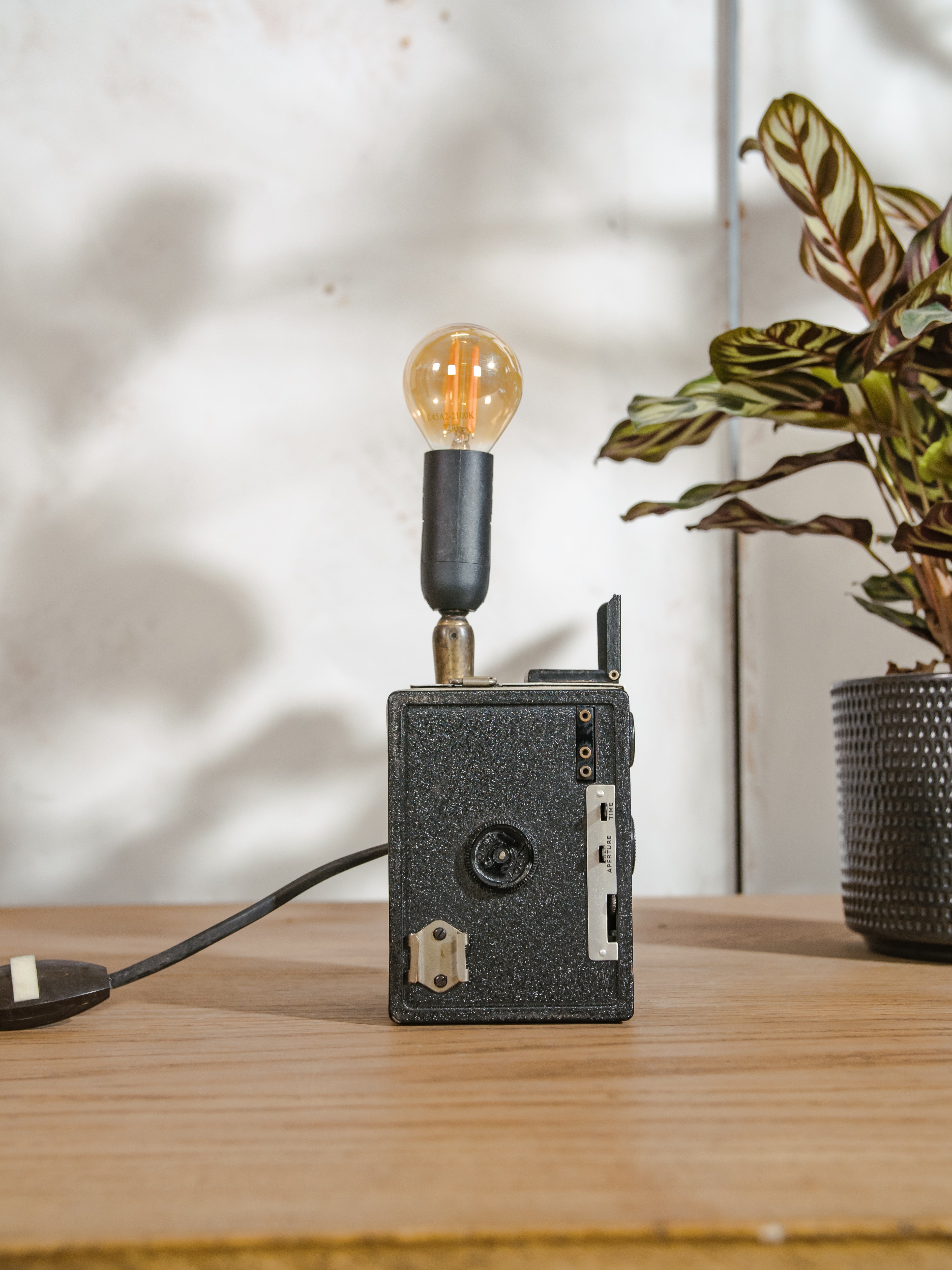 Antique 1950s Box Camera Table lamp, Coronet D-20 Upcycled into cute light, Retro bedside lamp for Photographers