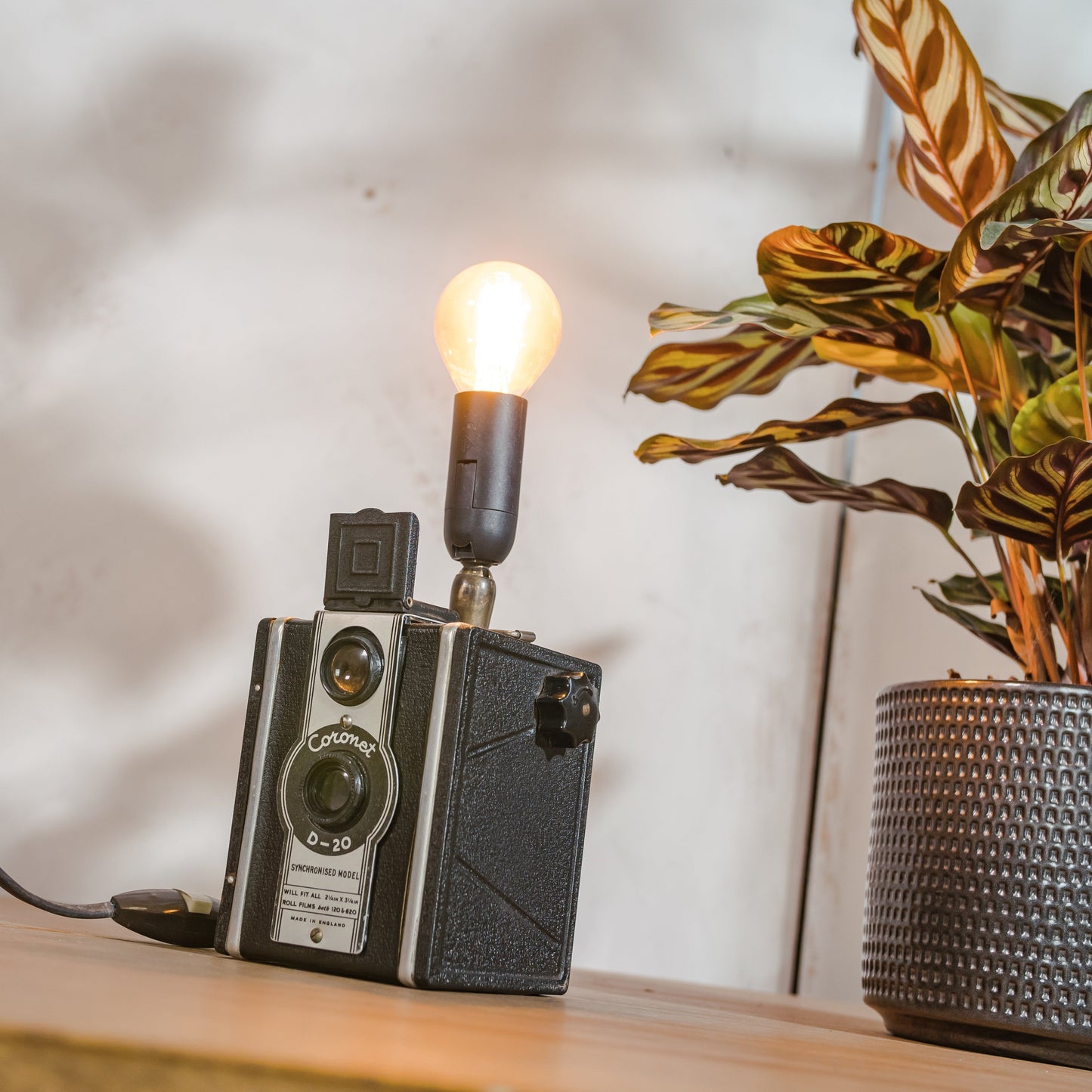 Antique 1950s Box Camera Table lamp, Coronet D-20 Upcycled into cute light, Retro bedside lamp for Photographers