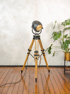 1950s Strand Electric Patt 123 Vintage Theatre Spotlight Lamp on Wooden Tripod, Retro Industrial Design by Morgan McLeod