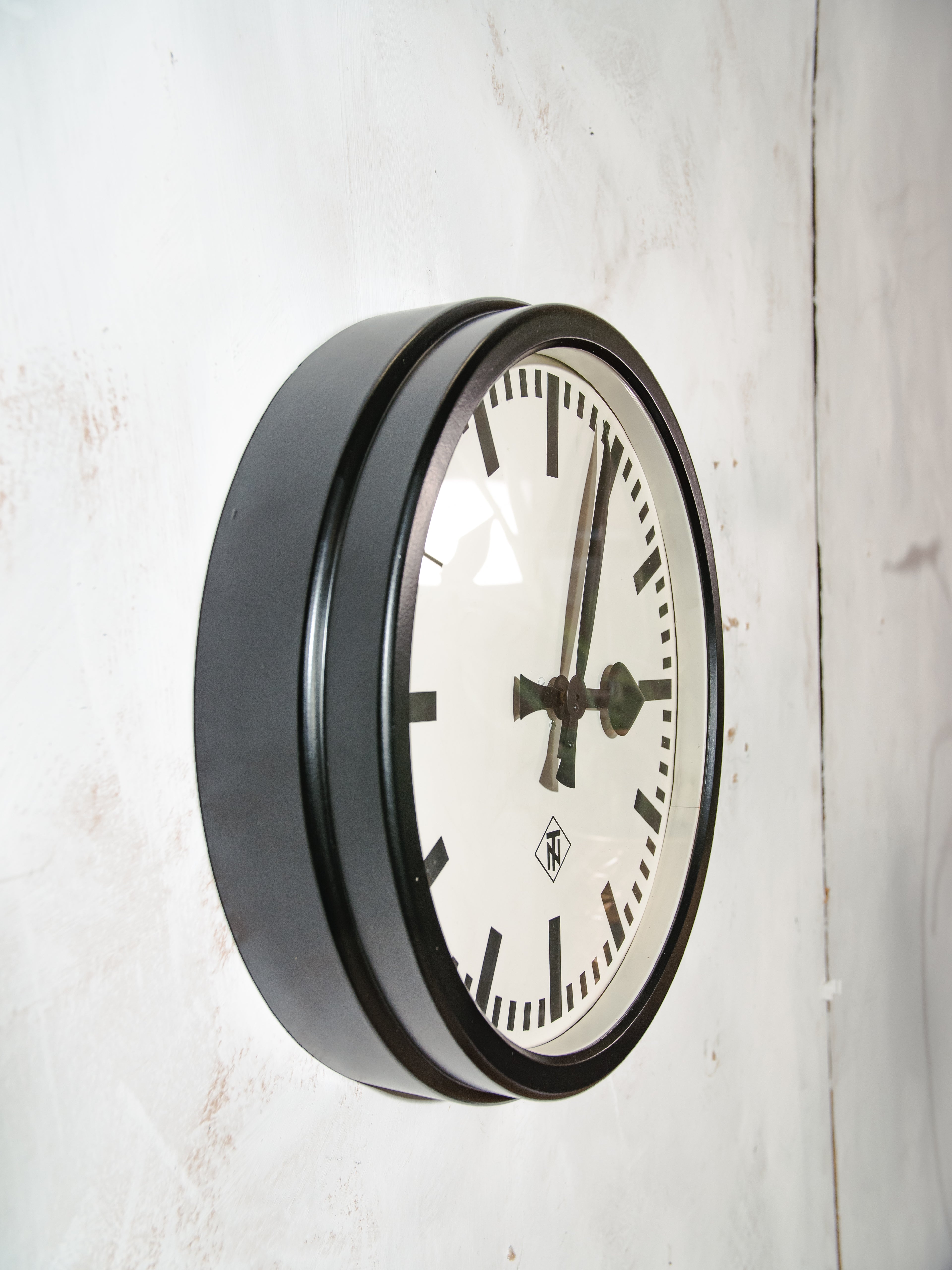 1950s Vintage German Factory Wall Clock by TN, Satin Black Industrial Bakelite Clock, Mid-century Design, Unique Wall Decor
