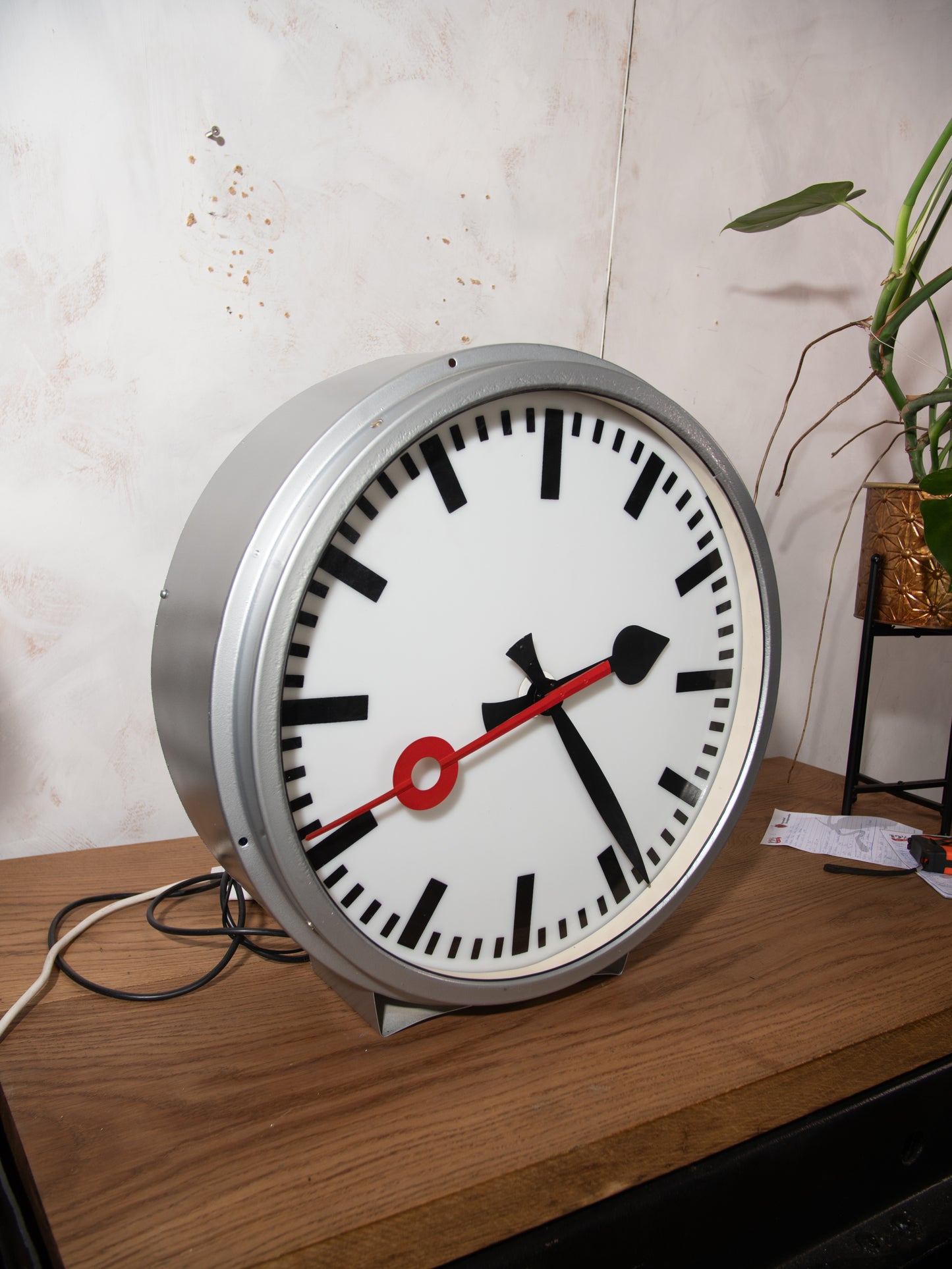 Vintage Light up Station Clock by TN Telenorma 1960s, Metal large Gray Wall Clock, Diameter 60 CM