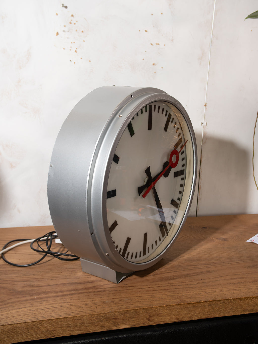 Vintage Light up Station Clock by TN Telenorma 1960s, Metal large Gray Wall Clock, Diameter 60 CM