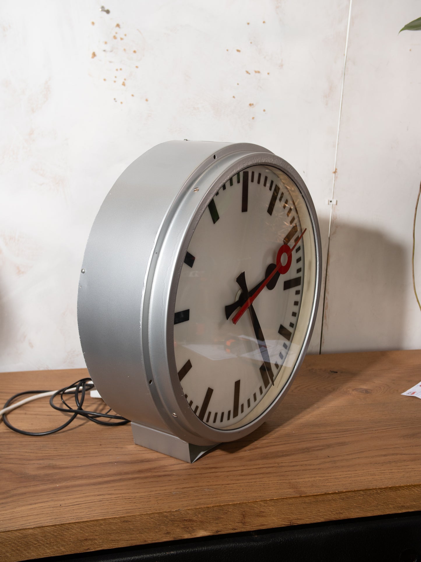 Vintage Light up Station Clock by TN Telenorma 1960s, Metal large Gray Wall Clock, Diameter 60 CM