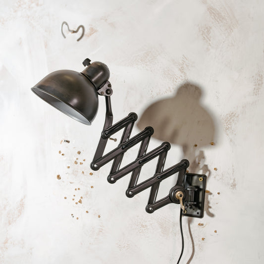 Kaiser Idell 6718 Scissor Lamp 1930s, Black renovated Bauhaus Wall lighting, Antique Harmonica light designed by Christian Dell