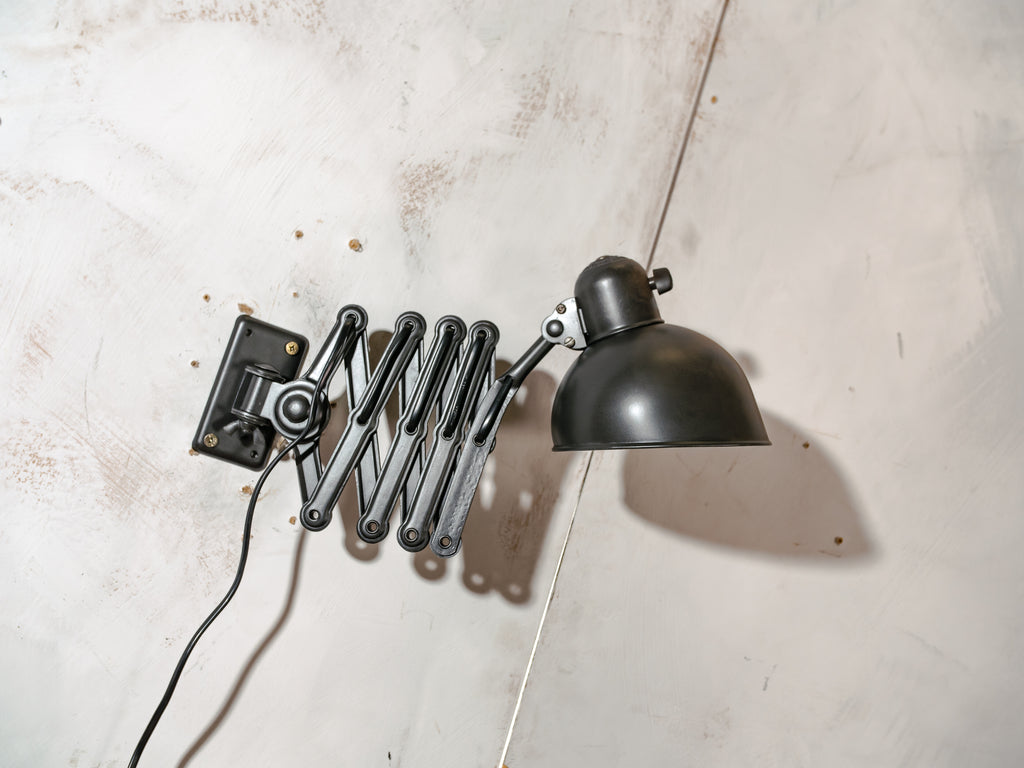 Kaiser Idell 6718 Scissor Lamp 1930s, Black renovated Bauhaus Wall lighting, Antique Harmonica light designed by Christian Dell