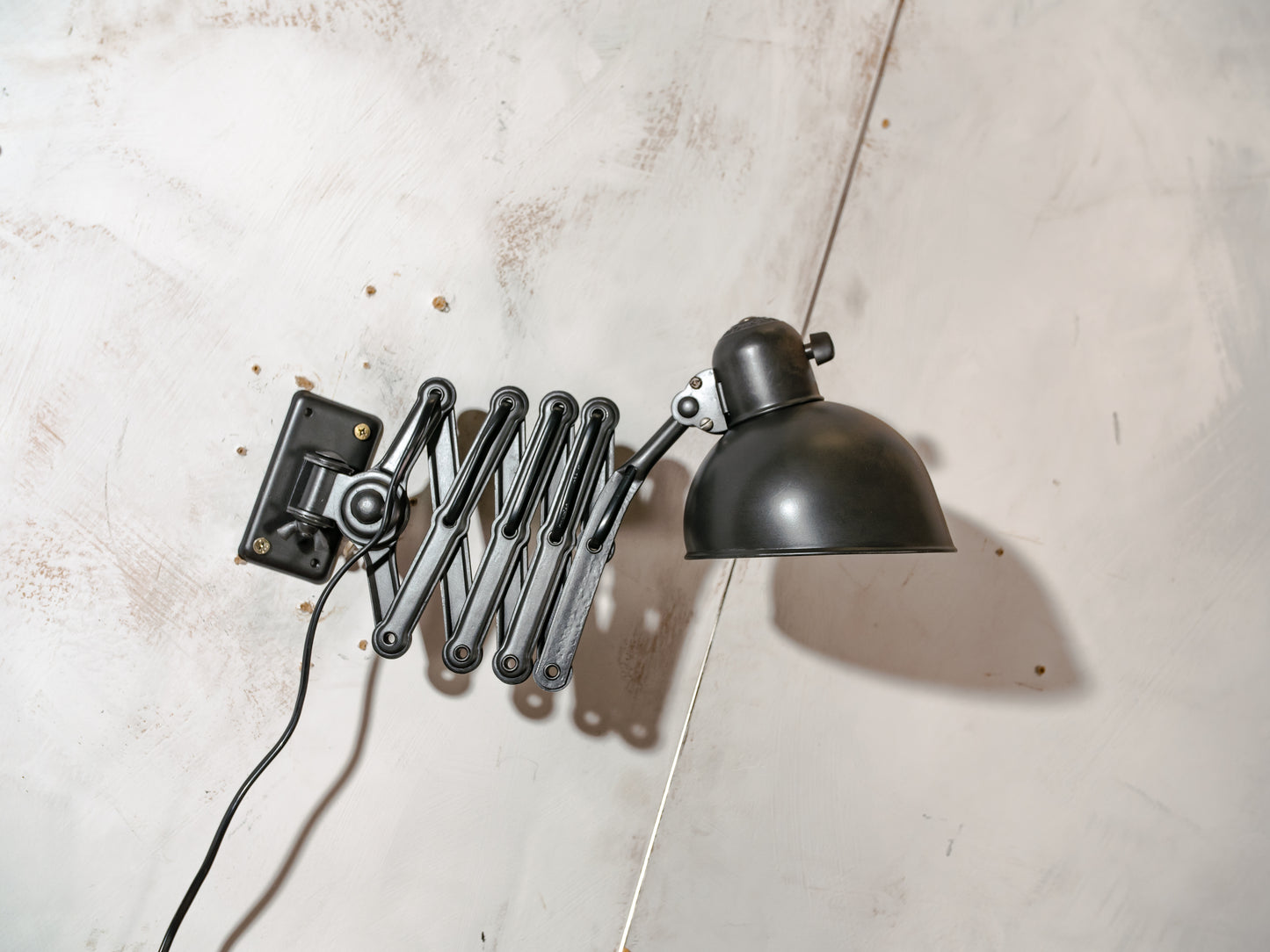 Kaiser Idell 6718 Scissor Lamp 1930s, Black renovated Bauhaus Wall lighting, Antique Harmonica light designed by Christian Dell
