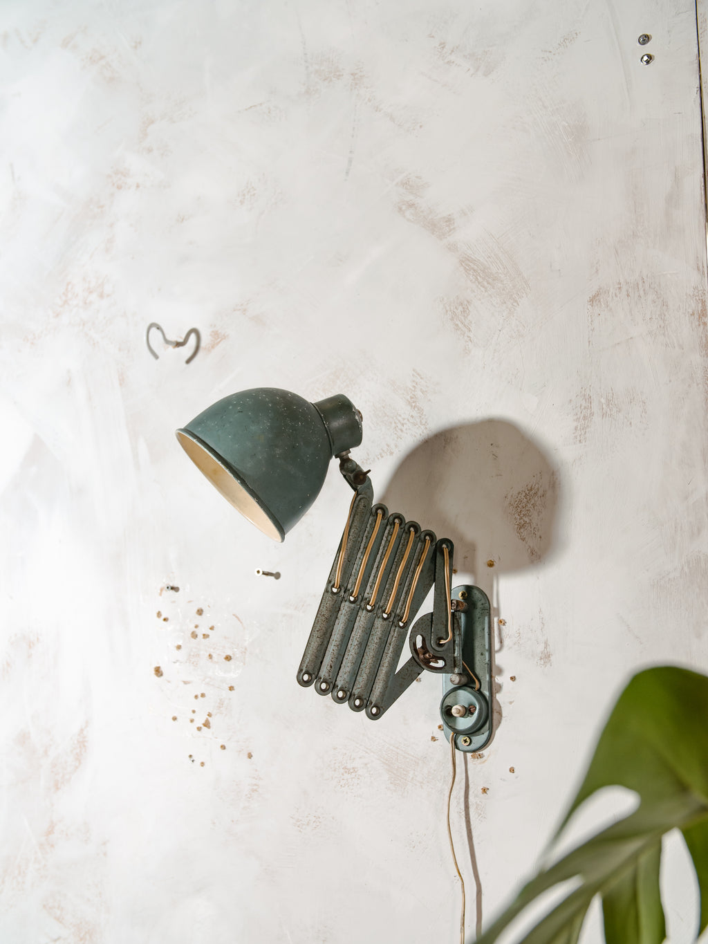 Vintage Bauhaus Scissors Lamp, Extenadable Green Industrial Patina Wall mount Pull out lighting