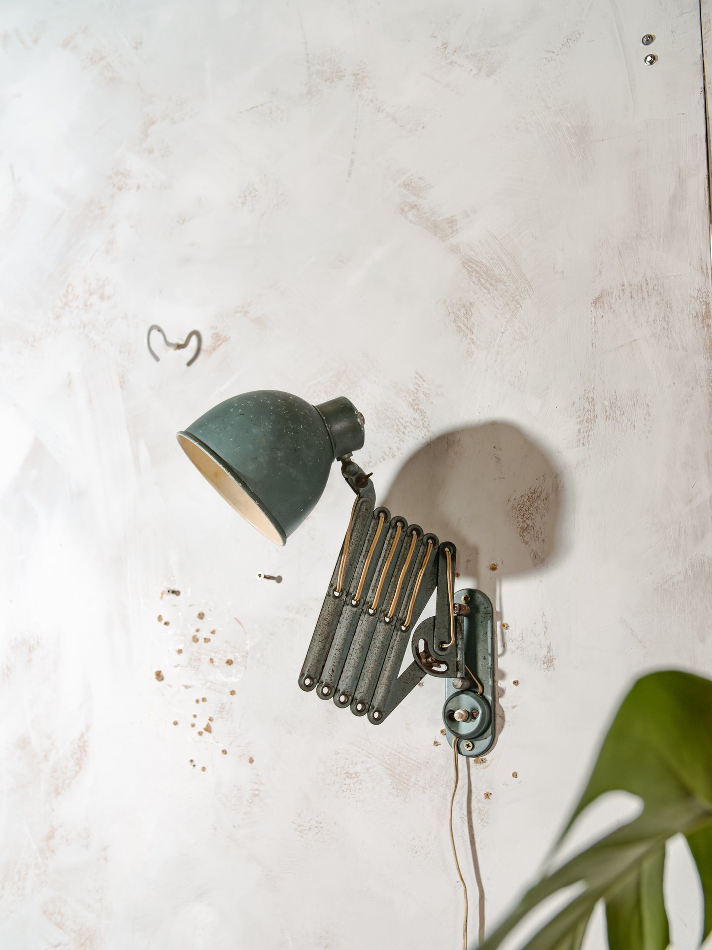 Vintage Bauhaus Scissors Lamp, Extenadable Green Industrial Patina Wall mount Pull out lighting
