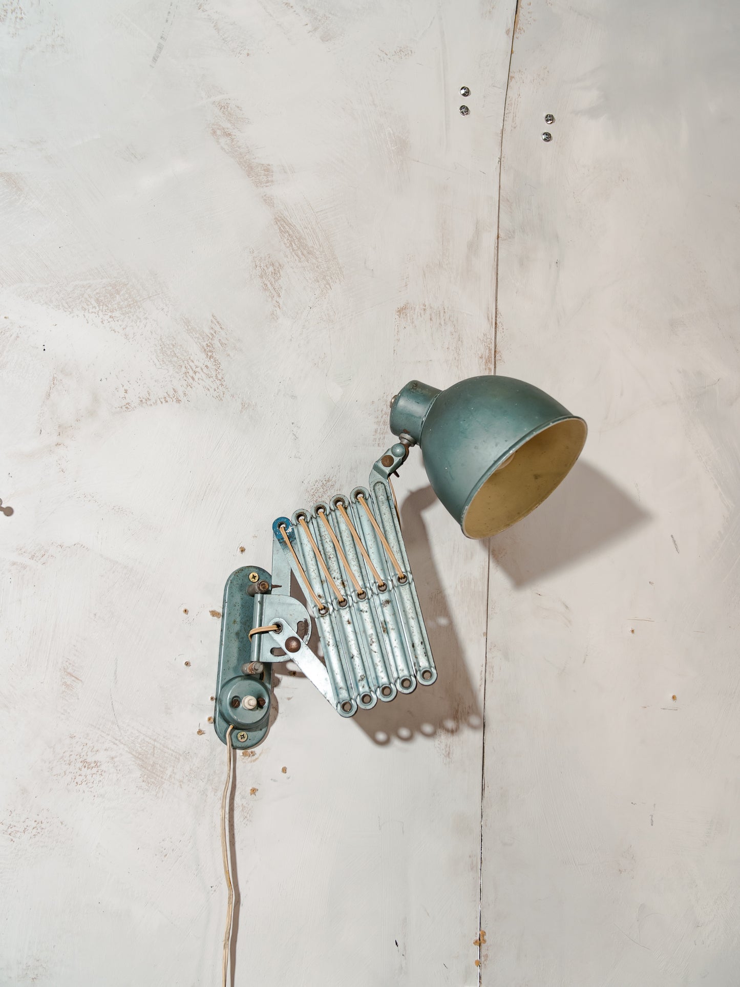 Vintage Bauhaus Scissors Lamp, Extenadable Green Industrial Patina Wall mount Pull out lighting