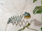 Vintage Bauhaus Scissors Lamp, Extenadable Green Industrial Patina Wall mount Pull out lighting