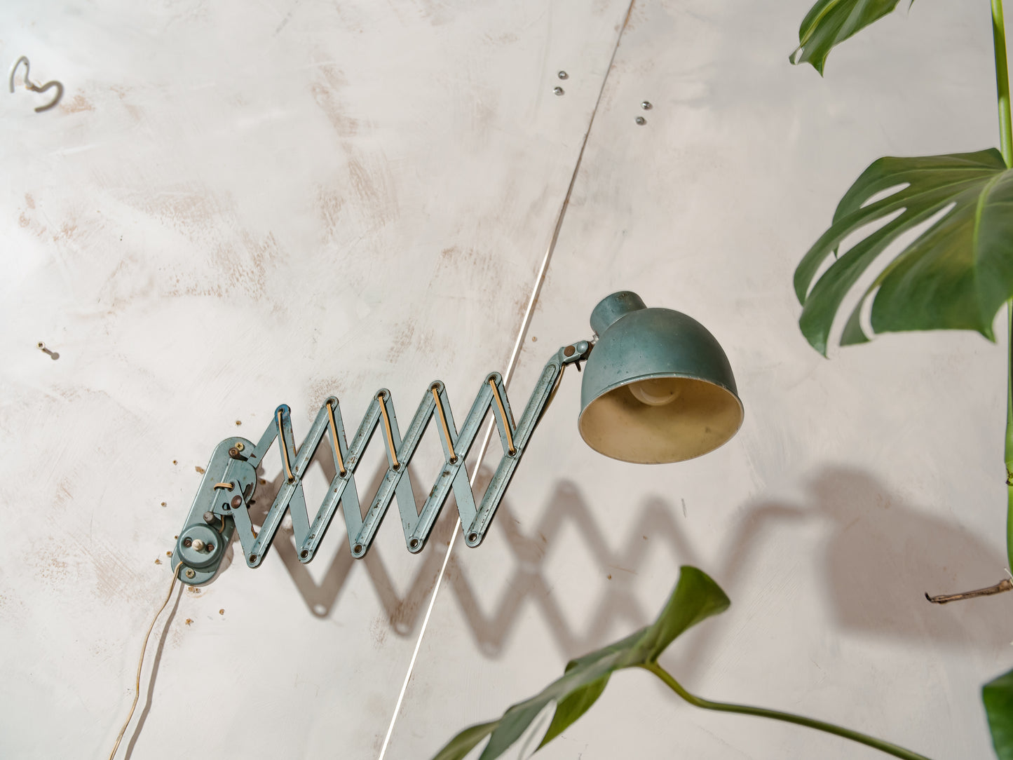 Vintage Bauhaus Scissors Lamp, Extenadable Green Industrial Patina Wall mount Pull out lighting