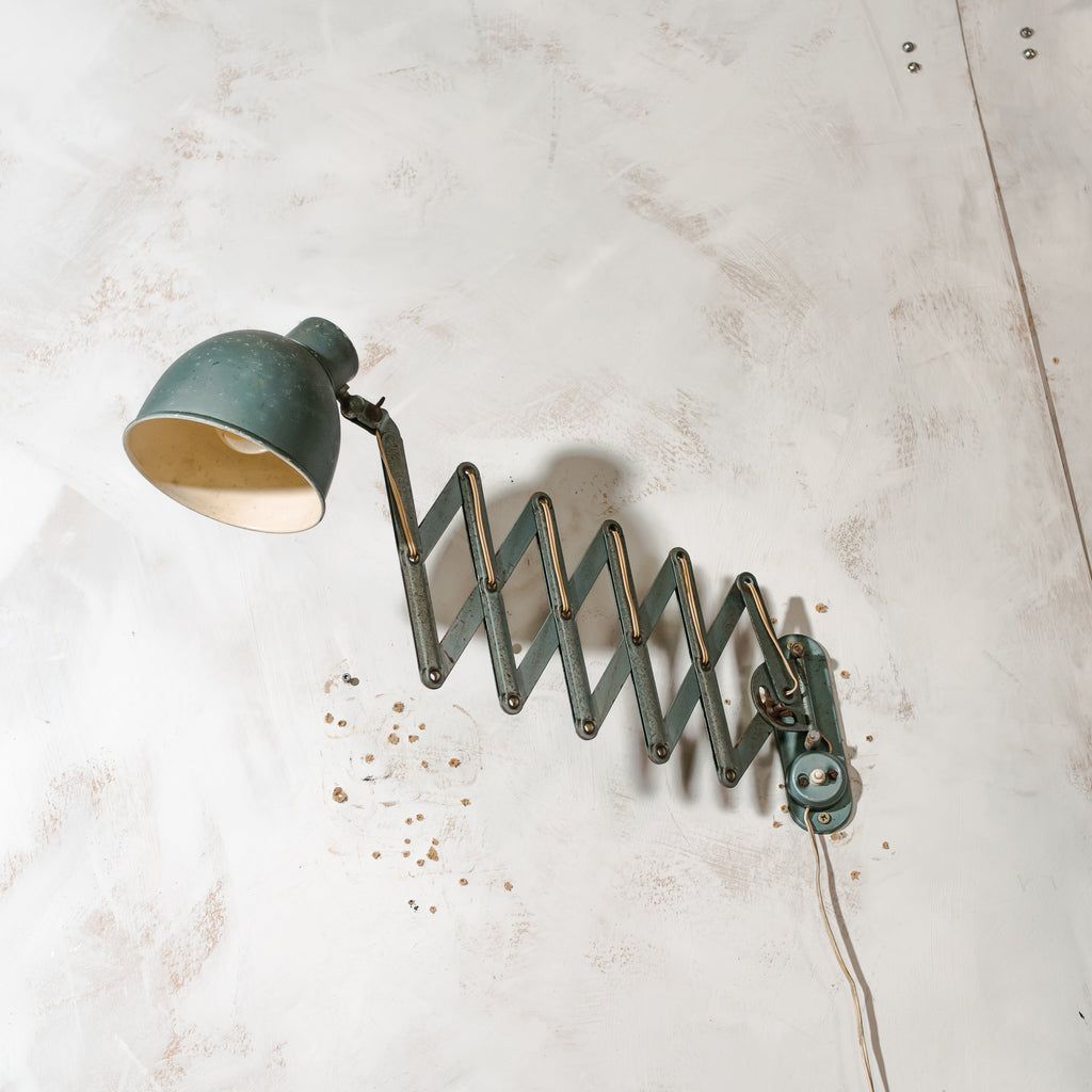 Vintage Bauhaus Scissors Lamp, Extenadable Green Industrial Patina Wall mount Pull out lighting