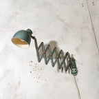 Vintage Bauhaus Scissors Lamp, Extenadable Green Industrial Patina Wall mount Pull out lighting