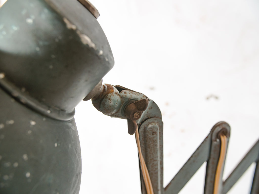 Vintage Bauhaus Scissors Lamp, Extenadable Green Industrial Patina Wall mount Pull out lighting