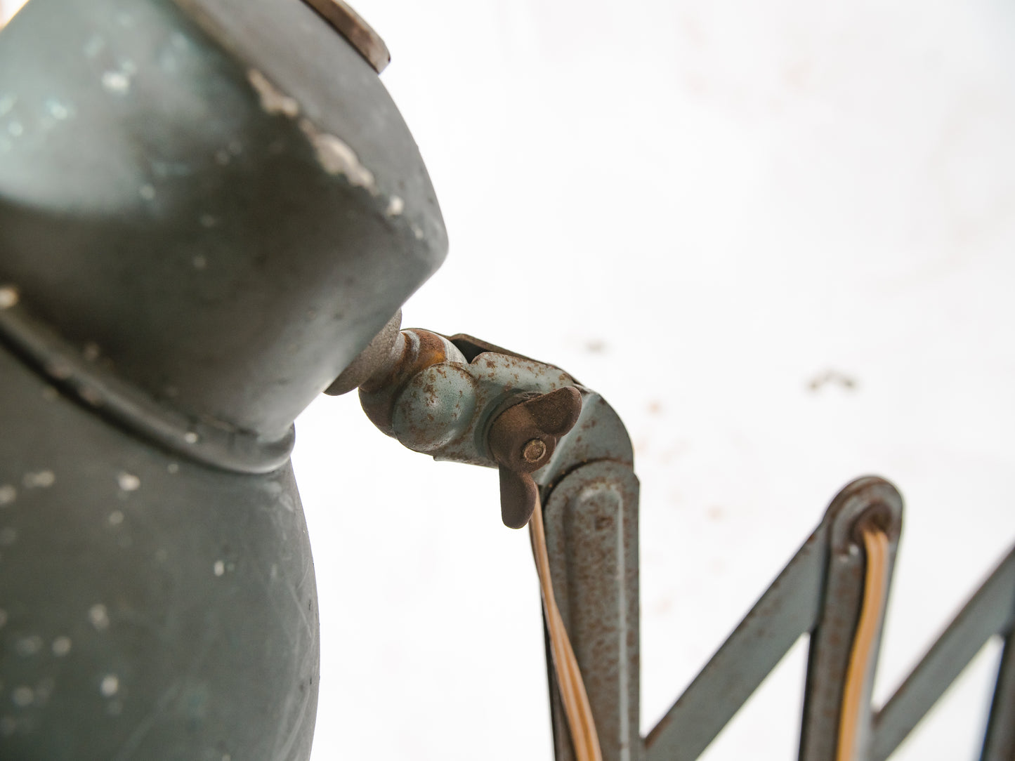Vintage Bauhaus Scissors Lamp, Extenadable Green Industrial Patina Wall mount Pull out lighting