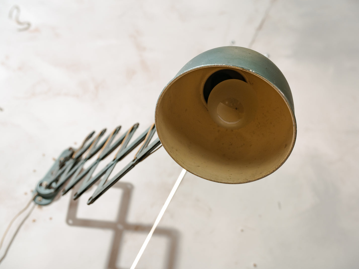 Vintage Bauhaus Scissors Lamp, Extenadable Green Industrial Patina Wall mount Pull out lighting