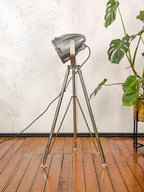 Vintage Spotlight on Chrome Tripod Floor Lamp, Gray 1970s CCCP Soviet Rocket Shaped industrial Lighting, Mid Century Modern