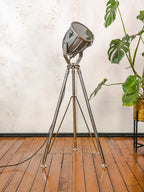 Vintage Spotlight on Chrome Tripod Floor Lamp, Gray 1970s CCCP Soviet Rocket Shaped industrial Lighting, Mid Century Modern