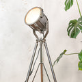 Vintage Spotlight on Chrome Tripod Floor Lamp, Gray 1970s CCCP Soviet Rocket Shaped industrial Lighting, Mid Century Modern