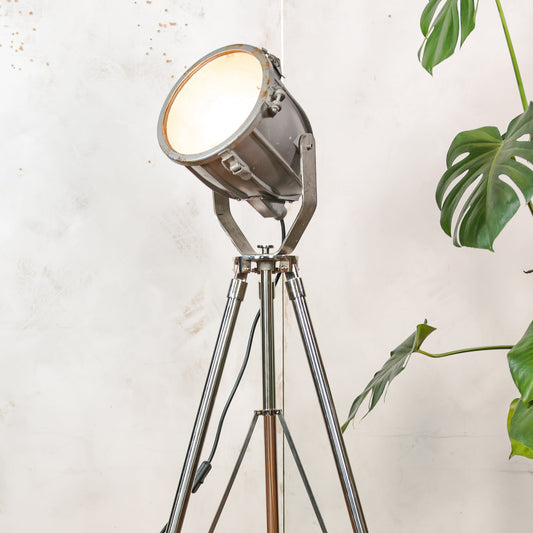 Vintage Spotlight on Chrome Tripod Floor Lamp, Gray 1970s CCCP Soviet Rocket Shaped industrial Lighting, Mid Century Modern