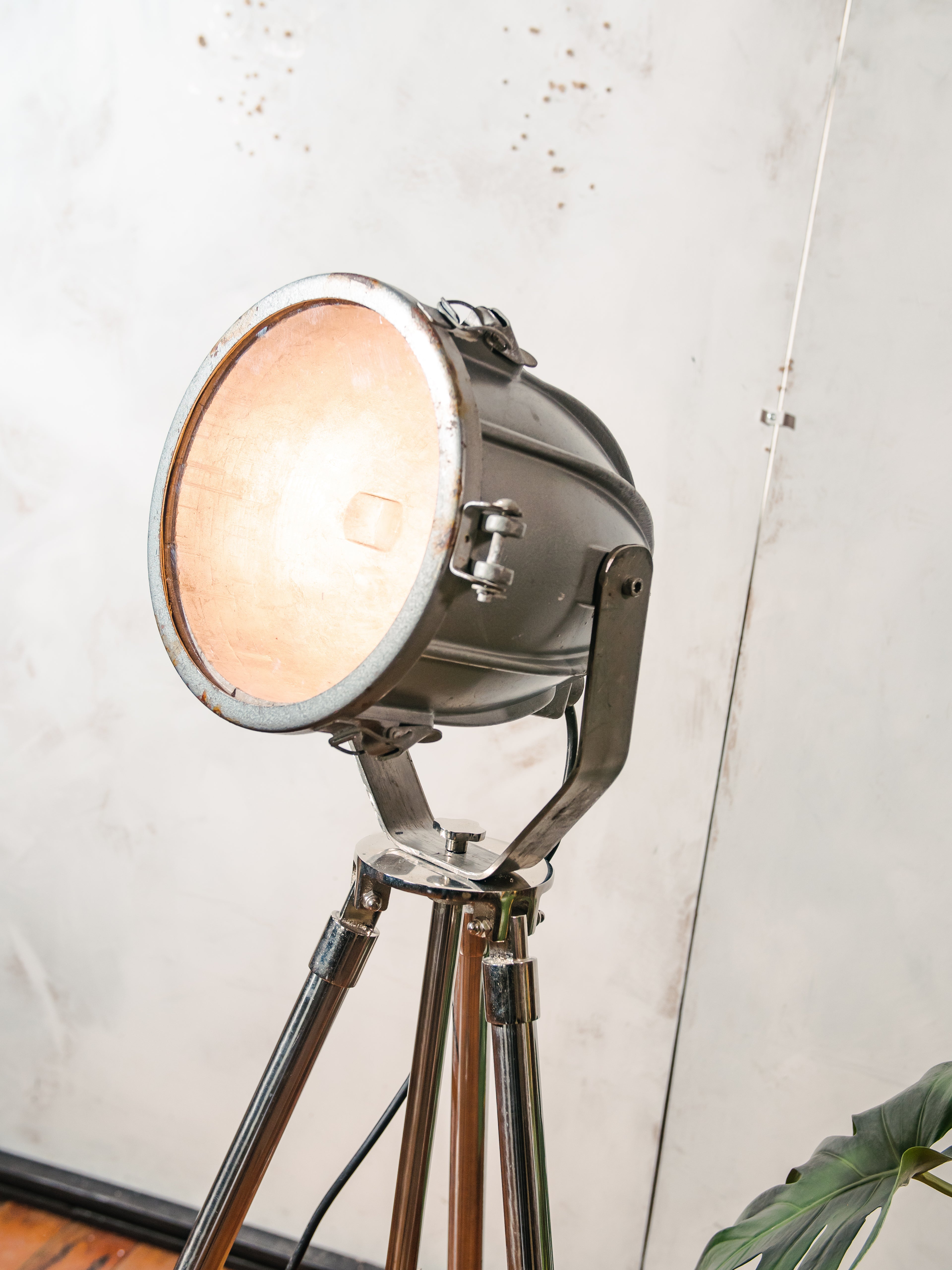 Vintage Spotlight on Chrome Tripod Floor Lamp, Gray 1970s CCCP Soviet Rocket Shaped industrial Lighting, Mid Century Modern