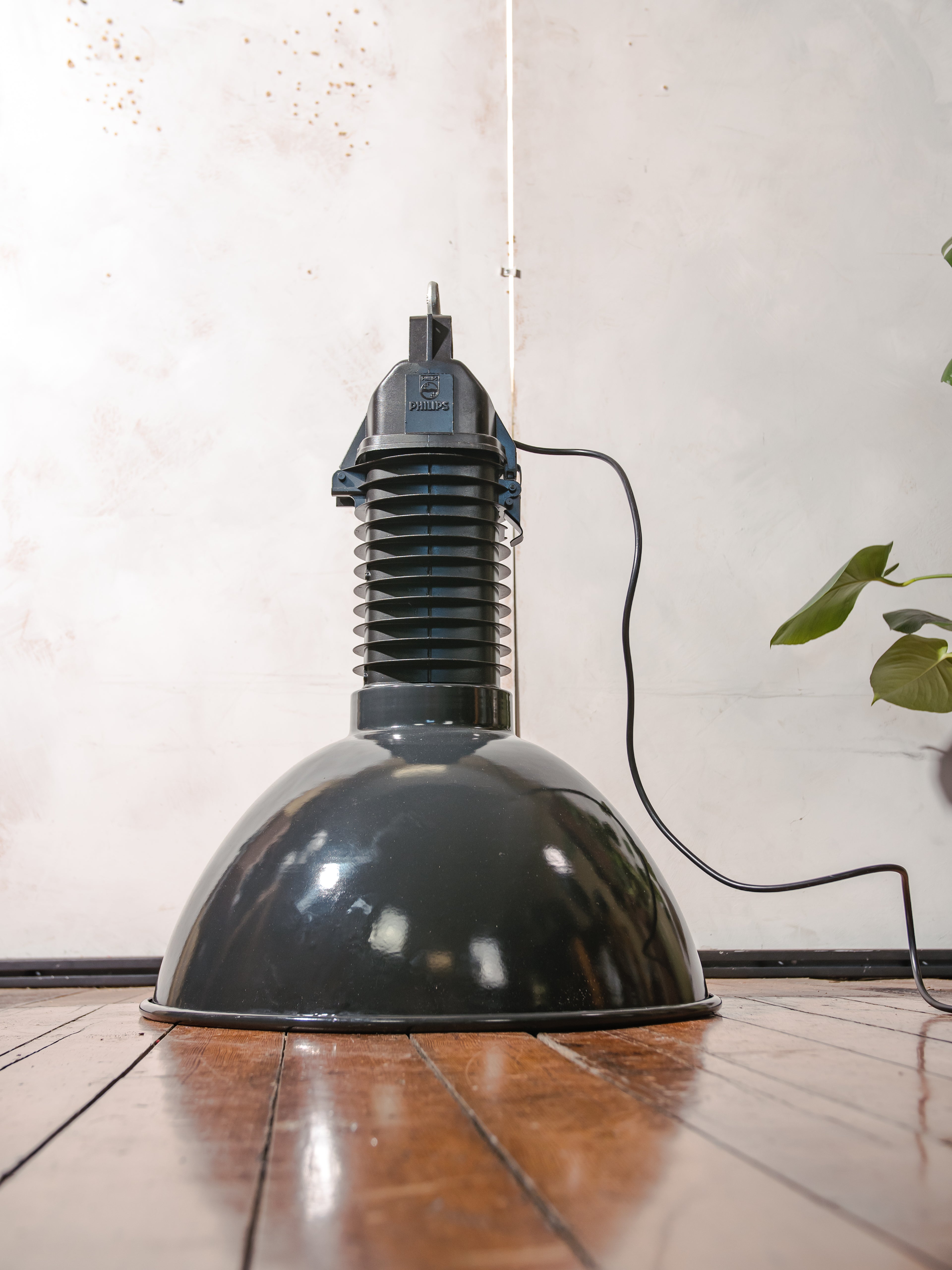 Black Enamel Factory Pendant Light by Philips, 1950s Industrial interior Workshop Ceiling lamp, Loft large hanging lamp