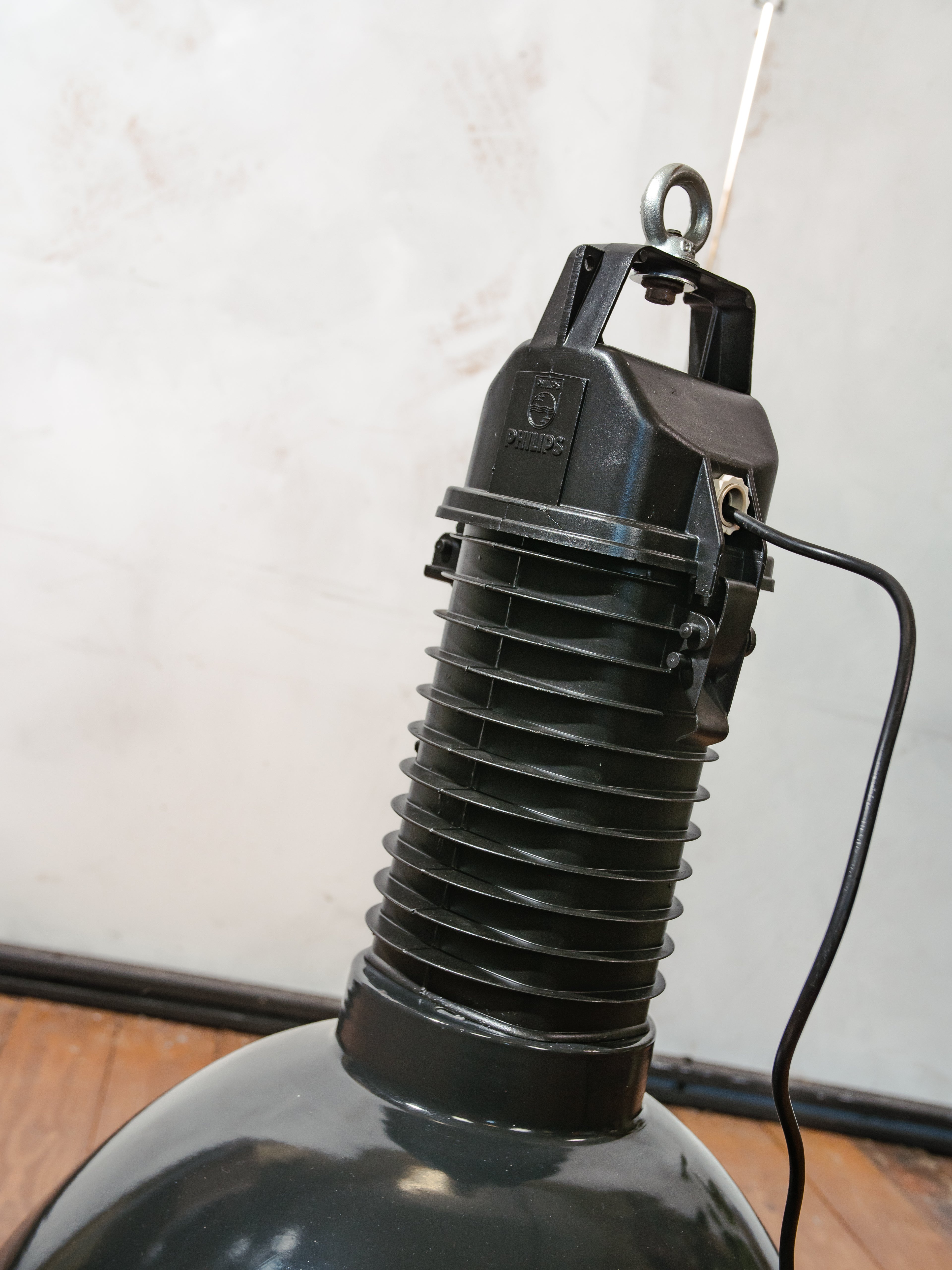 Black Enamel Factory Pendant Light by Philips, 1950s Industrial interior Workshop Ceiling lamp, Loft large hanging lamp
