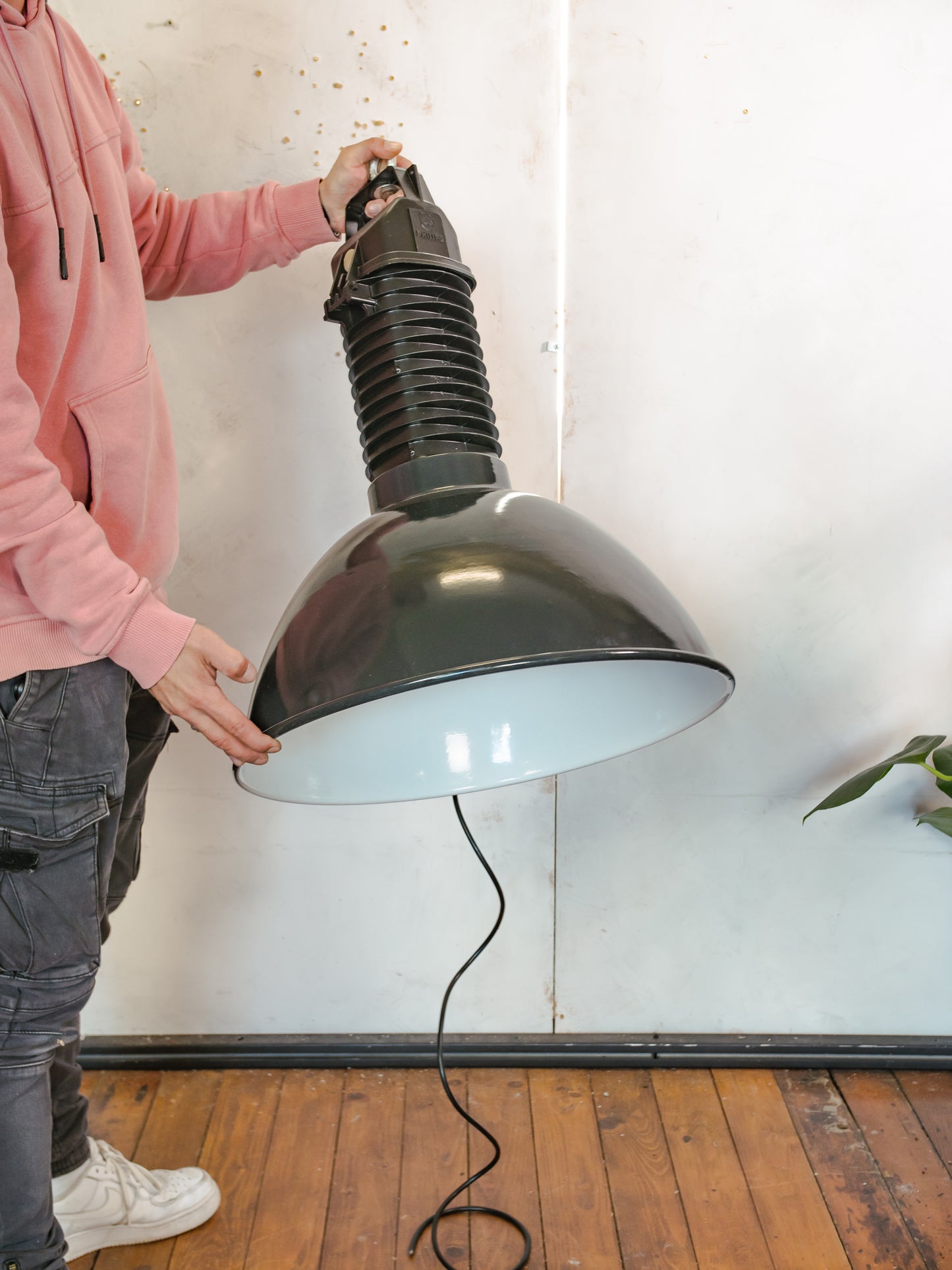 Black Enamel Factory Pendant Light by Philips, 1950s Industrial interior Workshop Ceiling lamp, Loft large hanging lamp