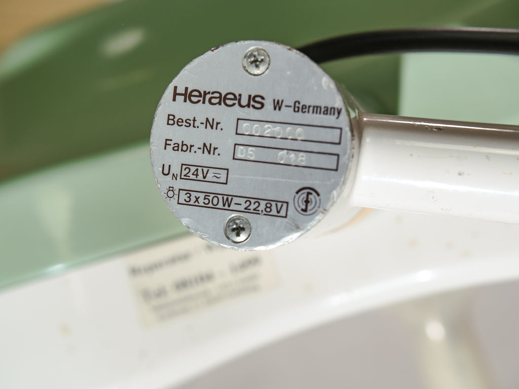 White & Green Retro Medical Spotlight Floor Lamp by Heraeus Hanaulux, Upcycled Hospital History on wooden Surveyors Tripod