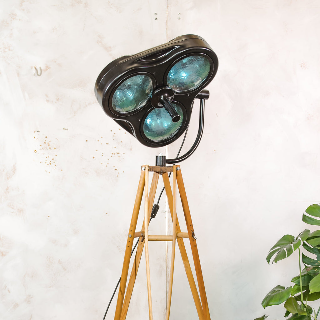Heraeus Hanaulux London Vintage Surgical Spotlight Floor Lamp, Upcycled Medical History on Wooden Army Crutch Tripod