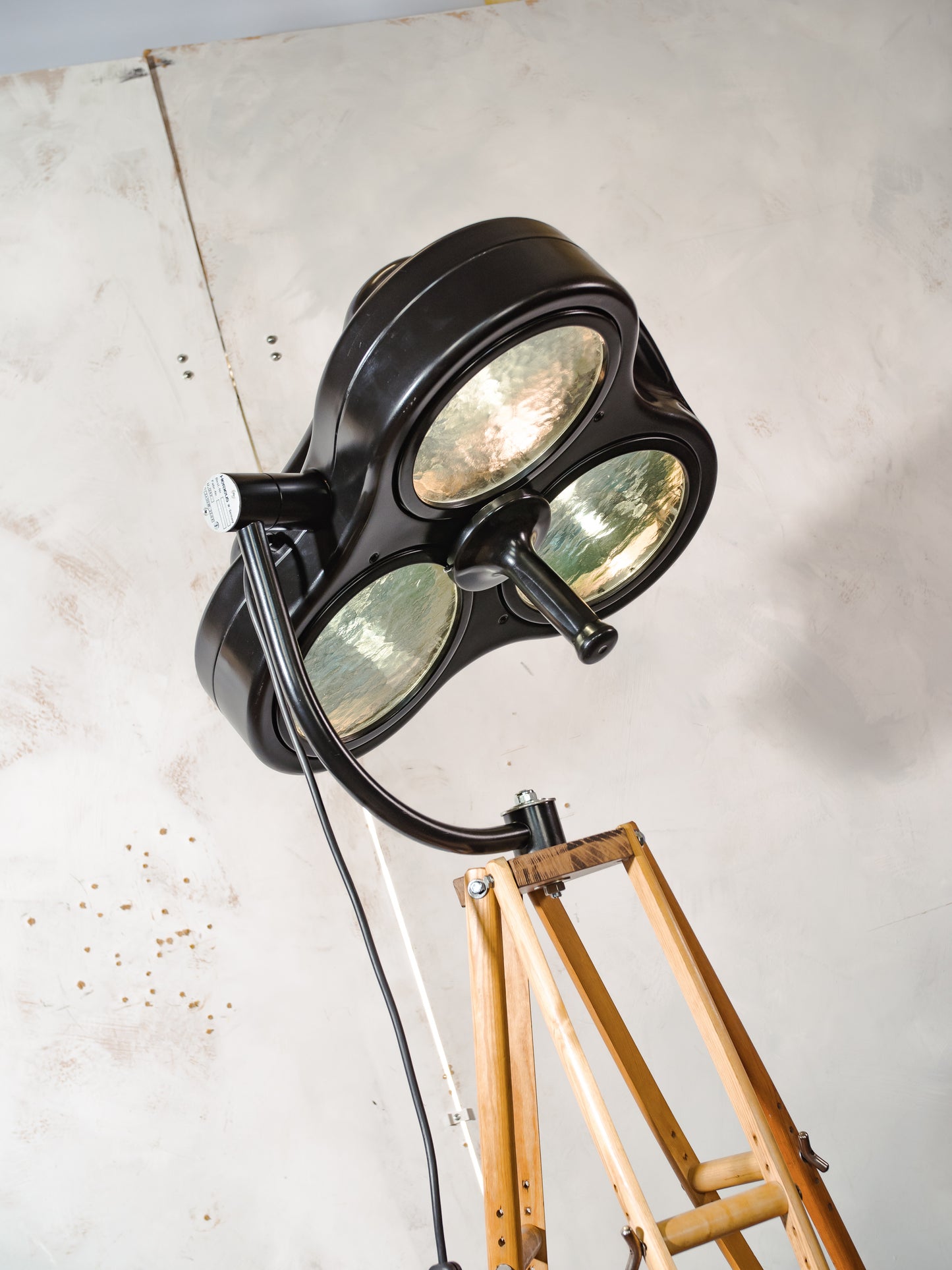 Heraeus Hanaulux London Vintage Surgical Spotlight Floor Lamp, Upcycled Medical History on Wooden Army Crutch Tripod