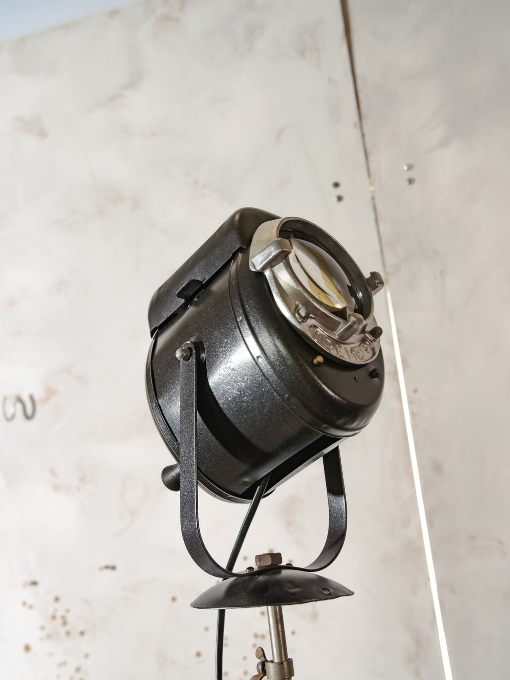 1950s A.E. Cremer Baby spotlight on original Tripod Black Floor lamp, Vintage French Theatre Light Standard Lighting
