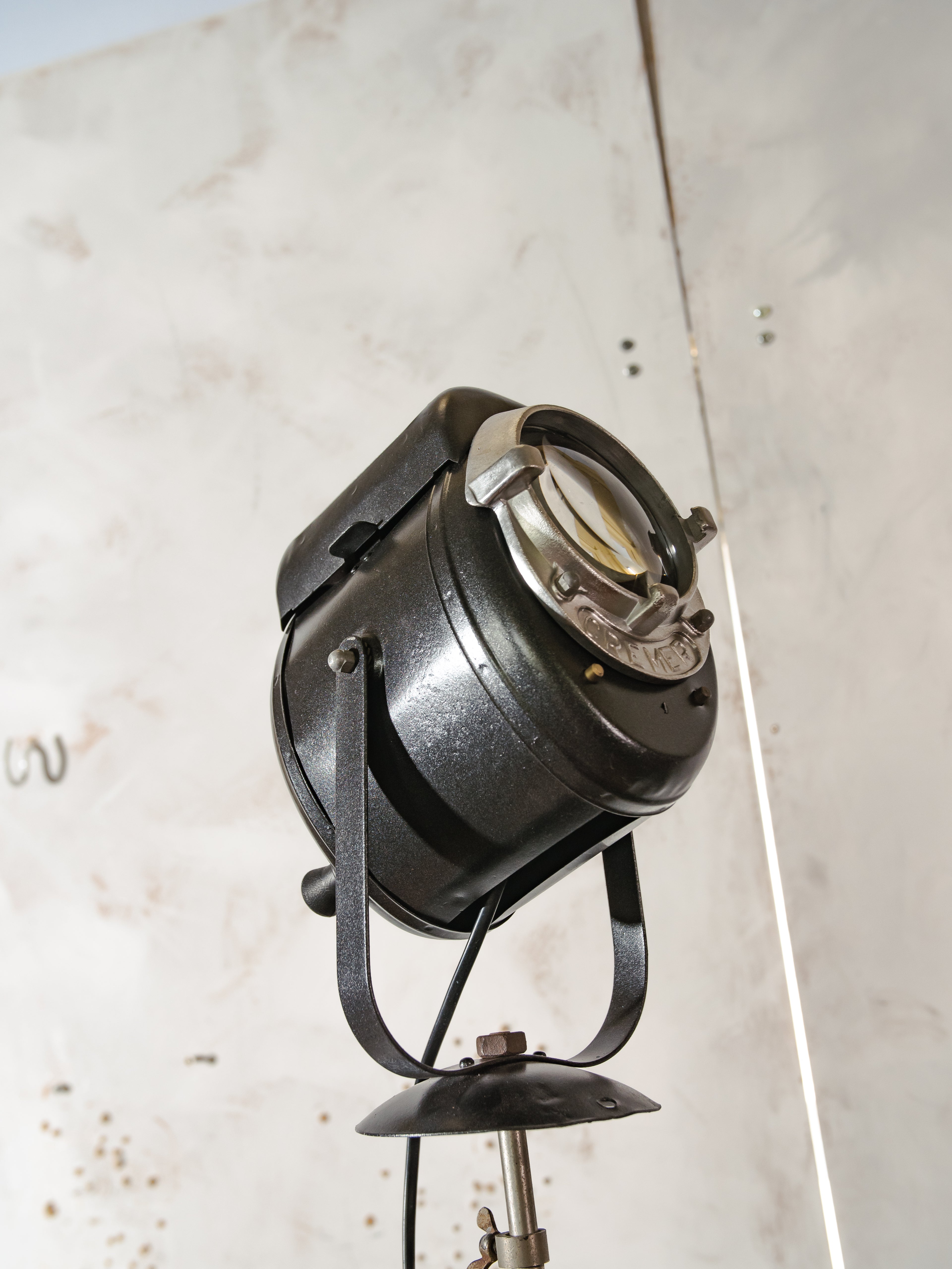 1950s A.E. Cremer Baby spotlight on original Tripod Black Floor lamp, Vintage French Theatre Light Standard Lighting