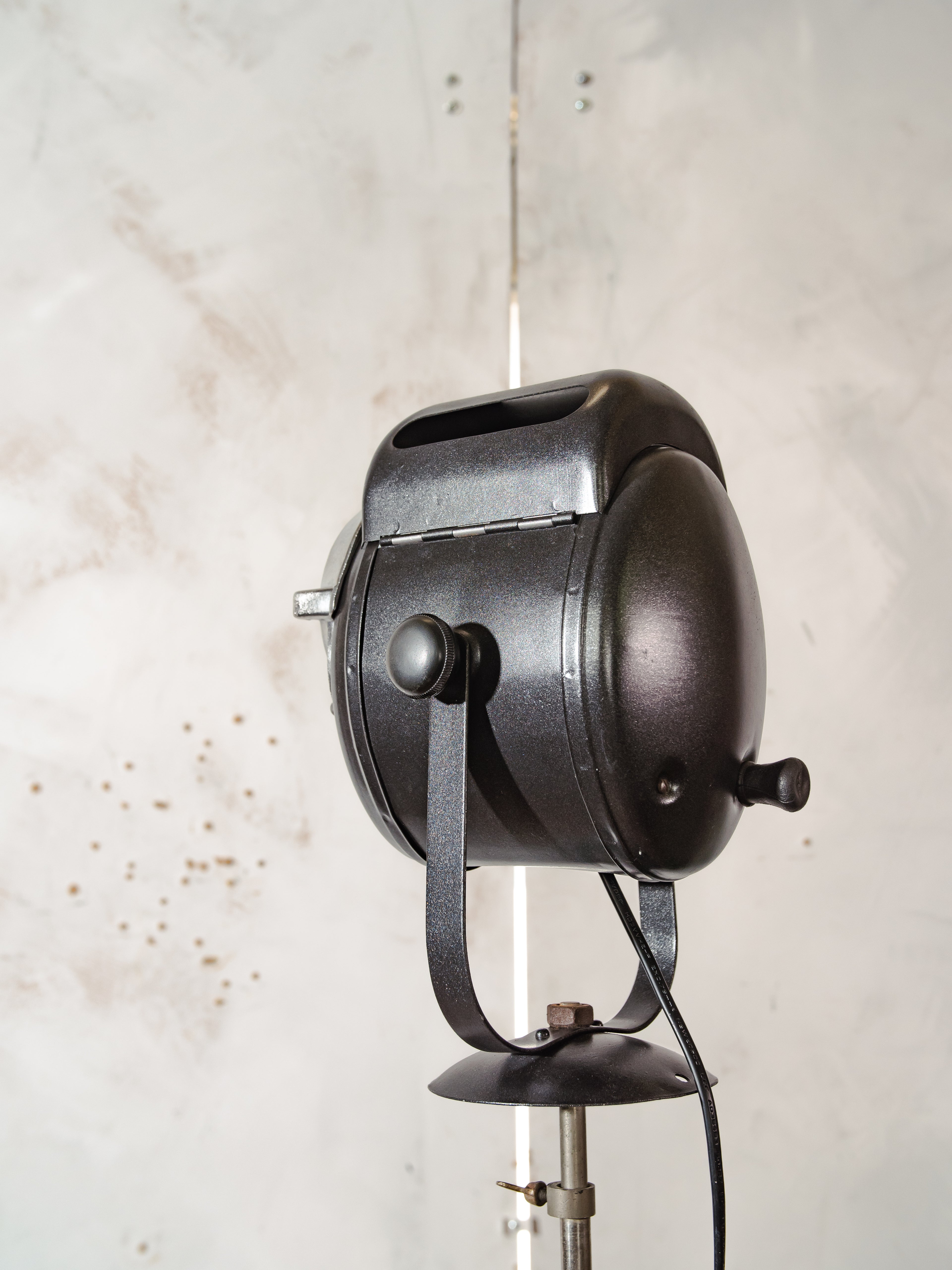 1950s A.E. Cremer Baby spotlight on original Tripod Black Floor lamp, Vintage French Theatre Light Standard Lighting