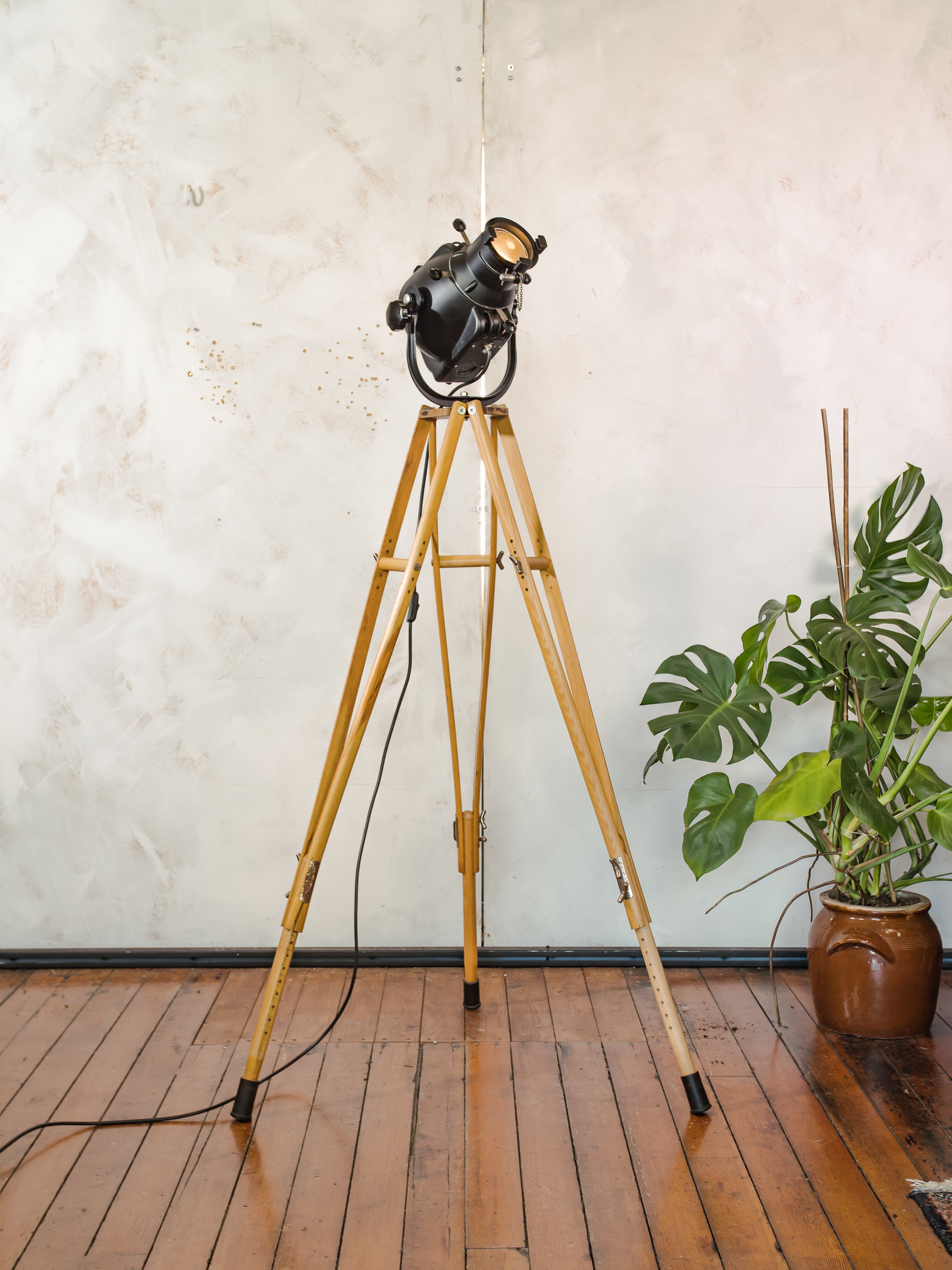 1960s Black Strand Electric Patt 23 Spotlight Floor Lamp, Theater Light on Custom Tripod Made from Swiss Army Crutches