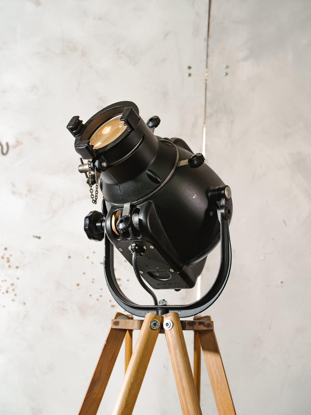 1960s Black Strand Electric Patt 23 Spotlight Floor Lamp, Theater Light on Custom Tripod Made from Swiss Army Crutches