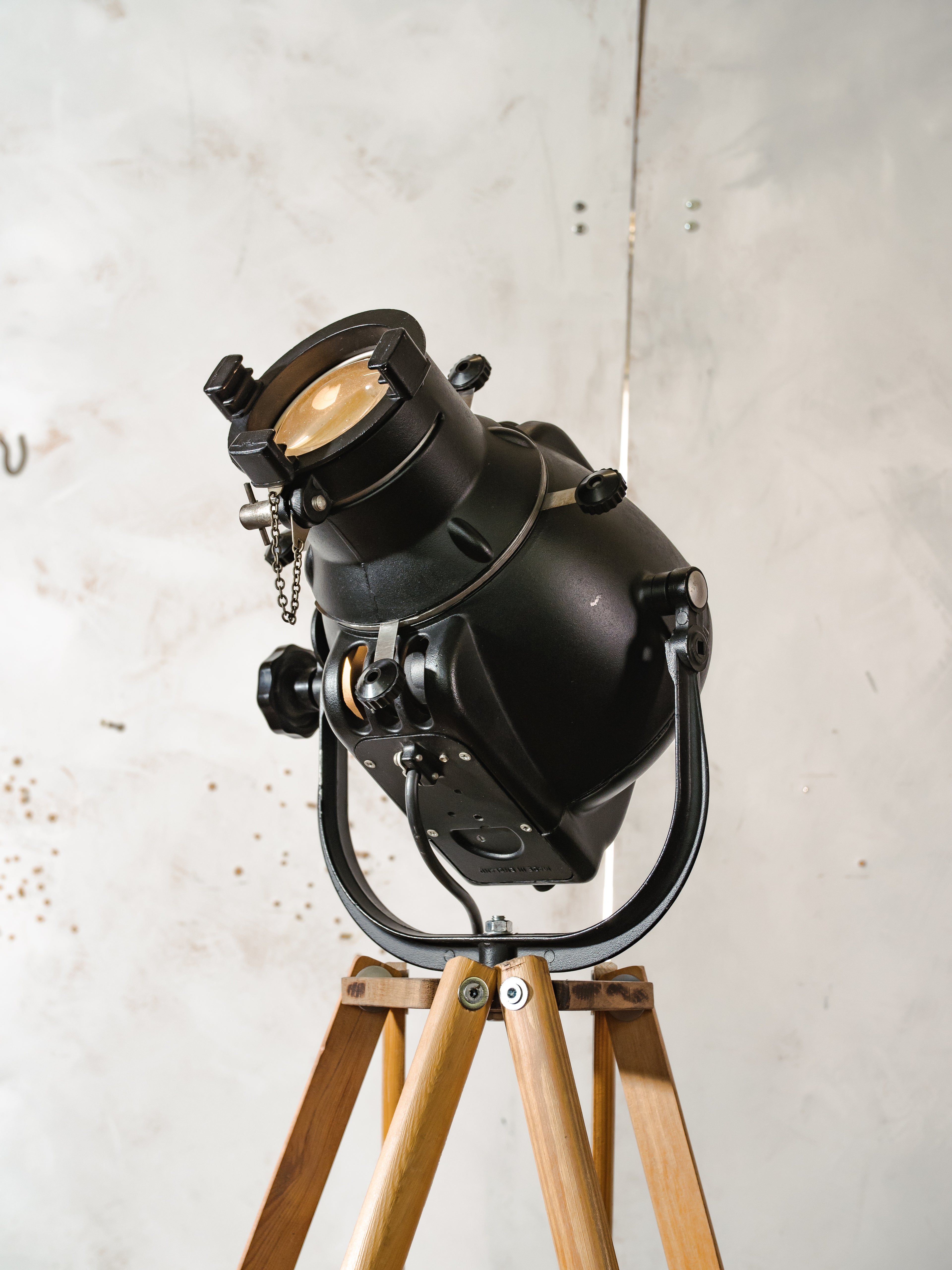 1960s Black Strand Electric Patt 23 Spotlight Floor Lamp, Theater Light on Custom Tripod Made from Swiss Army Crutches