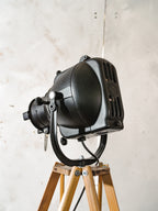 1960s Black Strand Electric Patt 23 Spotlight Floor Lamp, Theater Light on Custom Tripod Made from Swiss Army Crutches