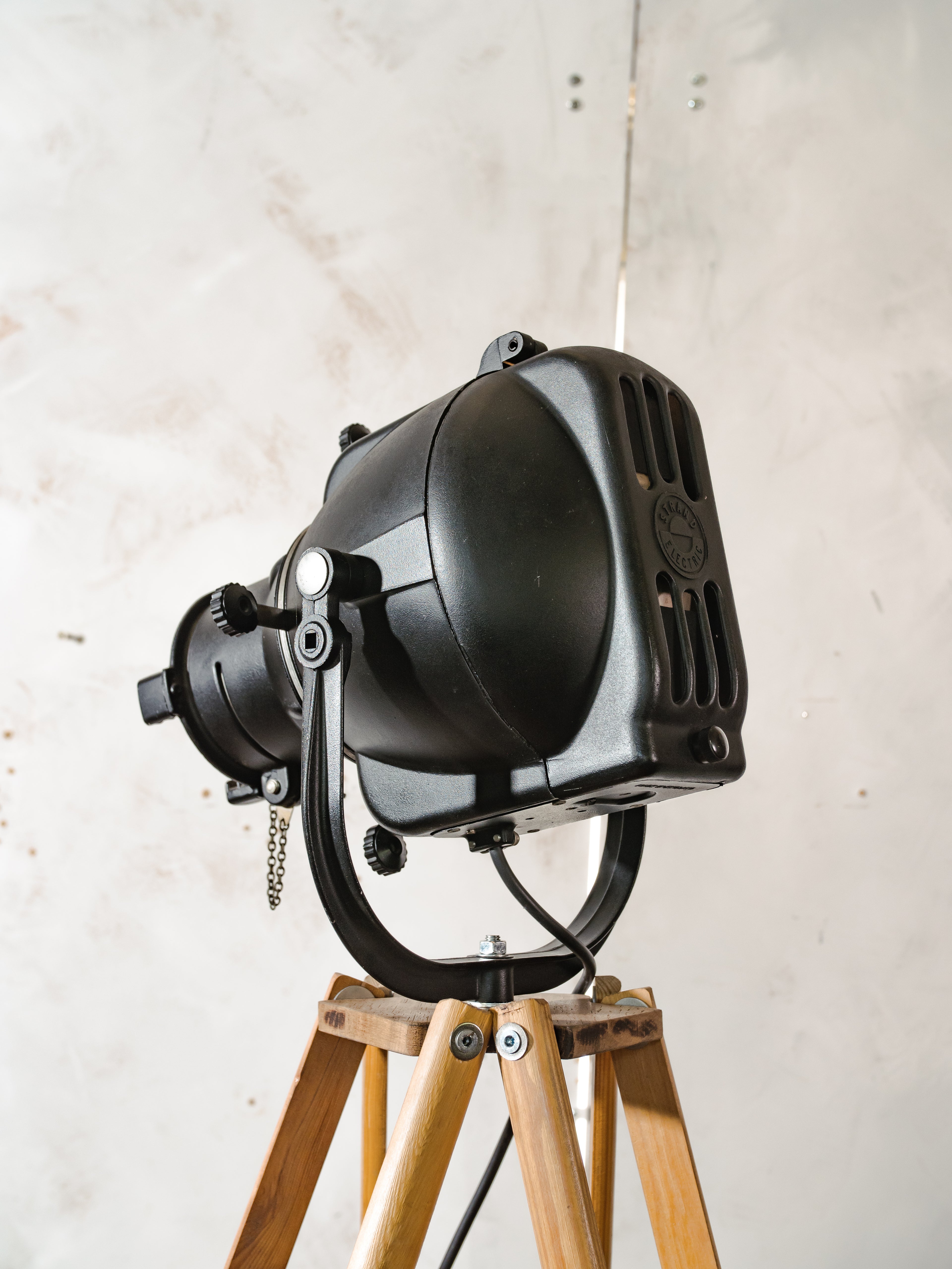 1960s Black Strand Electric Patt 23 Spotlight Floor Lamp, Theater Light on Custom Tripod Made from Swiss Army Crutches