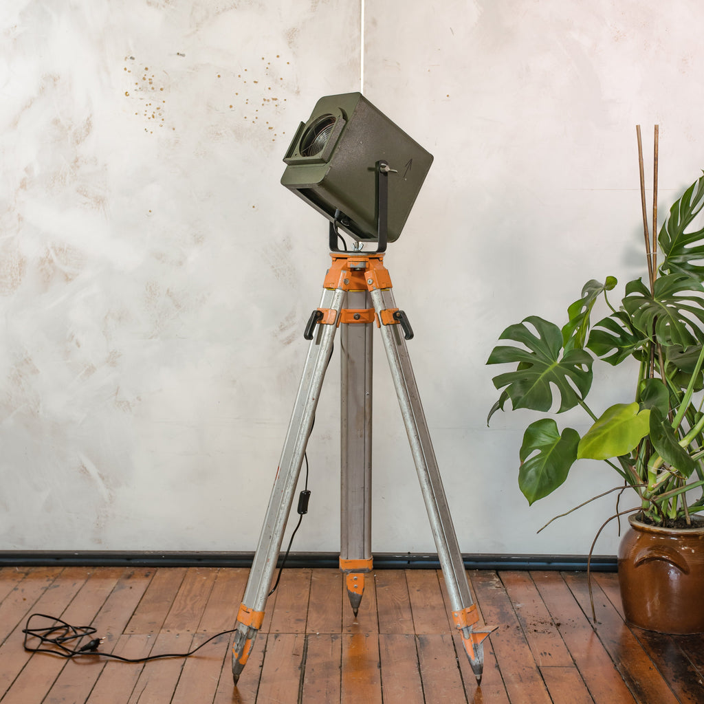 Industrial 1960s Strand Electric Patt 45 Theater Spotlight on Aluminum Tripod, Vintage Floor Lamp, Rustic Studio Lighting, Green Patina