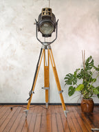 Vintage 1950s ARRI Arnold & Richter 2KW Movie Spotlight on Wooden Tripod, Industrial Hollywood Theater Floor Lamp, Fresnel stage lighting