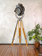 Vintage 1950s ARRI Arnold & Richter 2KW Movie Spotlight on Wooden Tripod, Industrial Hollywood Theater Floor Lamp, Fresnel stage lighting
