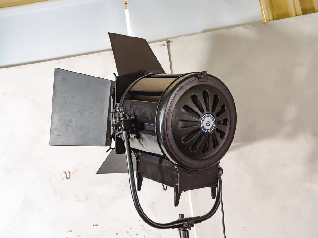 Vintage Berkey Italia Film Spotlight Floor Lamp on Industrial Tripod | Hollywood Studio Light | Cinematographer Decor