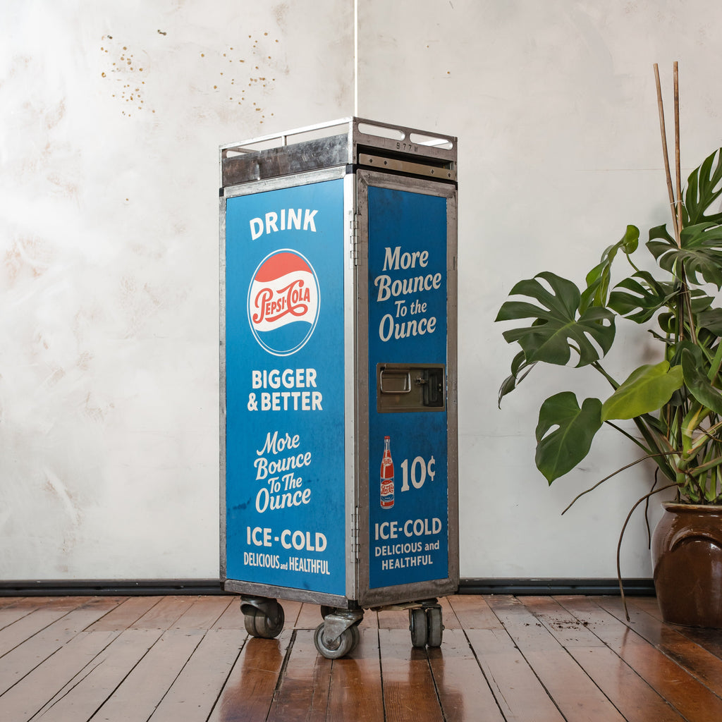 Airplane Trolley Upcycled Pepsi Cola Theme by Lufthansa, Vintage Retro Aviation Storage Cabinet, Airplane Galley Rolling Bar Cart