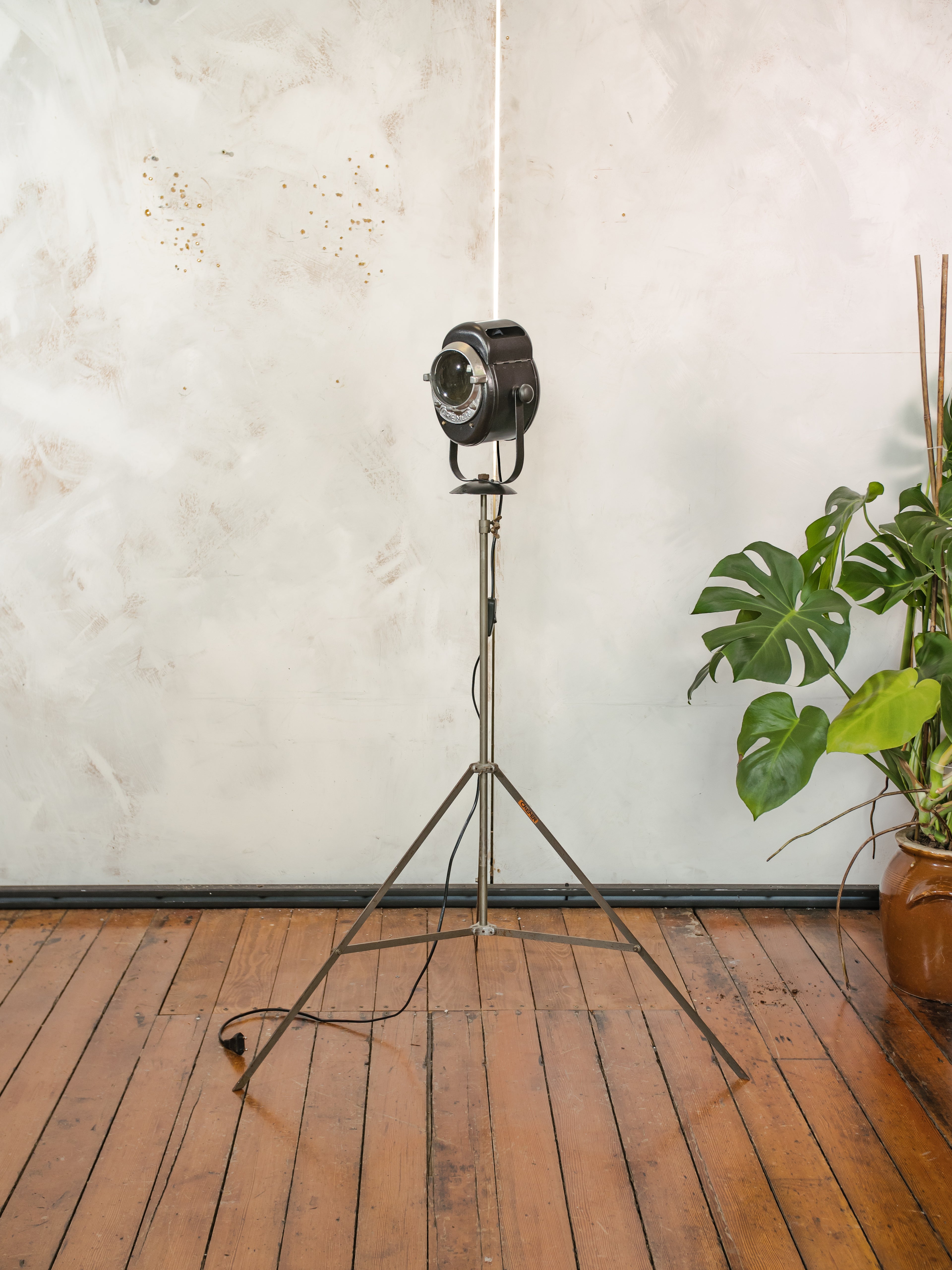 1950s A.E. Cremer Baby spotlight on original Tripod Black Floor lamp, Vintage French Theatre Light Standard Lighting