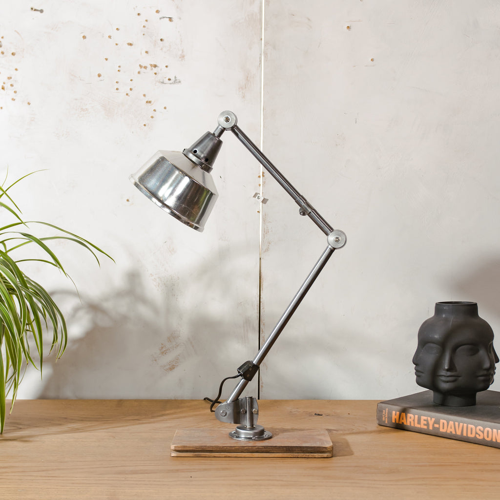 1950s Midgard R1 Lamp with 2 Arms, Restored Bauhaus Polished Desk Light, German Designer Lighting, Aluminum Shade, Curt Fischer Design