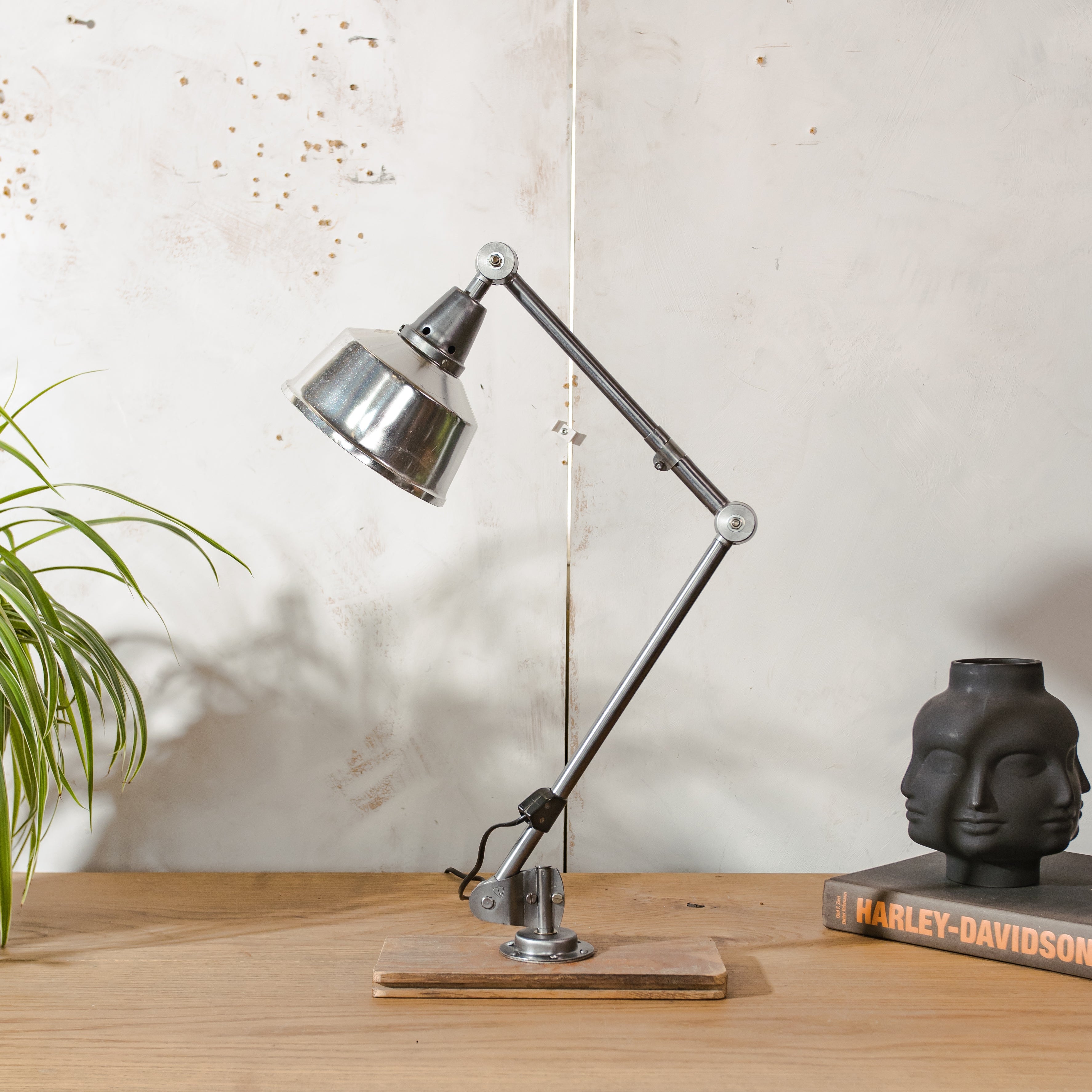 1950s Midgard R1 Lamp with 2 Arms, Restored Bauhaus Polished Desk Light, German Designer Lighting, Aluminum Shade, Curt Fischer Design