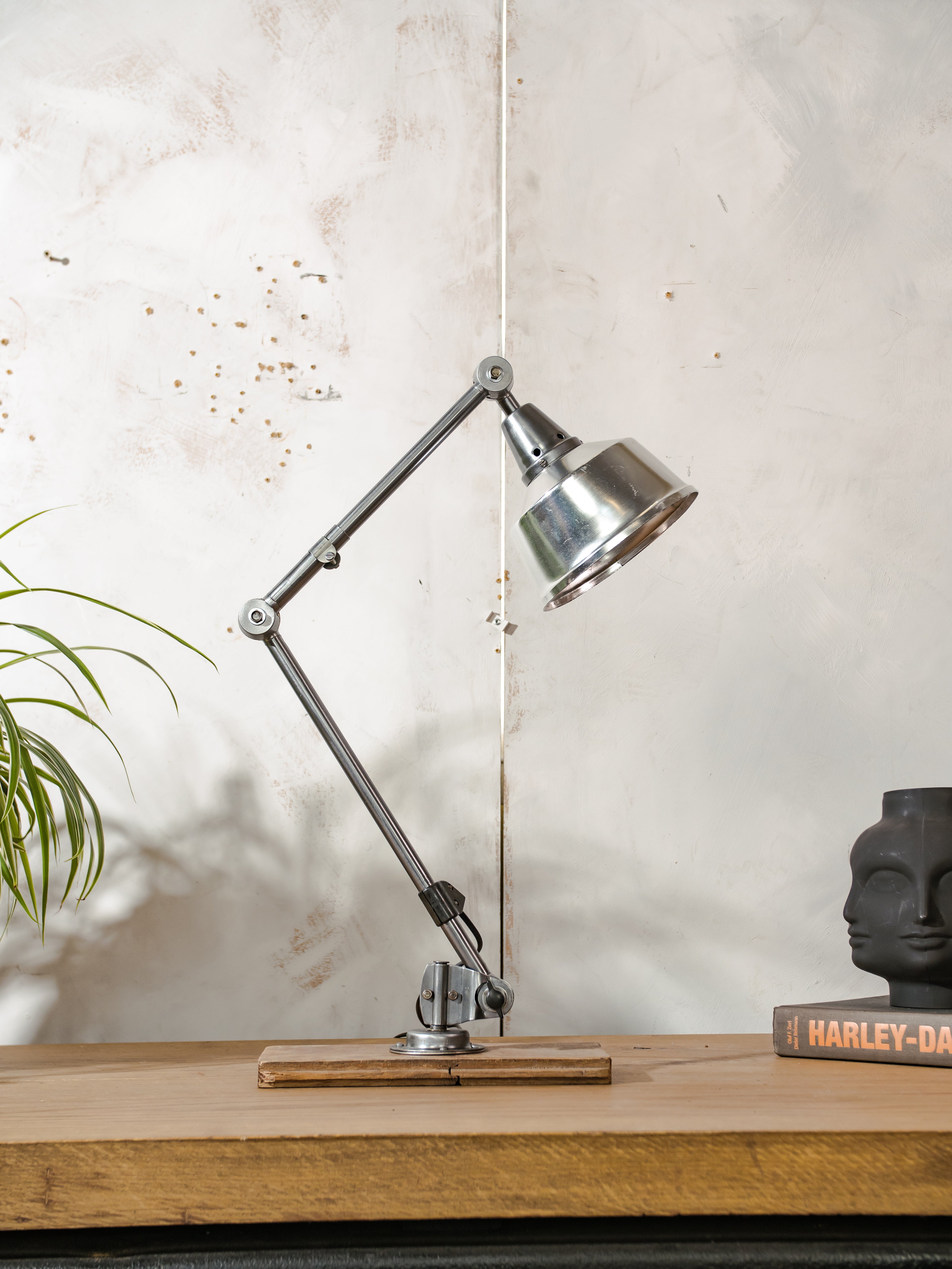 1950s Midgard R1 Lamp with 2 Arms, Restored Bauhaus Polished Desk Light, German Designer Lighting, Aluminum Shade, Curt Fischer Design